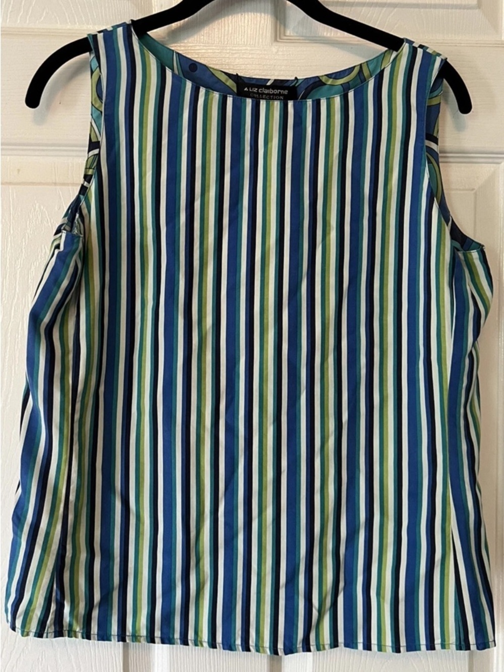 90s Vintage Silk Abstract Print Blouse Blue Green Y2K Artsy Coastal Chic - Picture 4 of 5